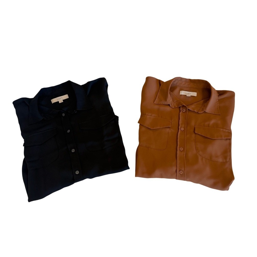 Loft Womens Small Button Down Utility Shirt Set Black & Cognac Brown 2 Pack